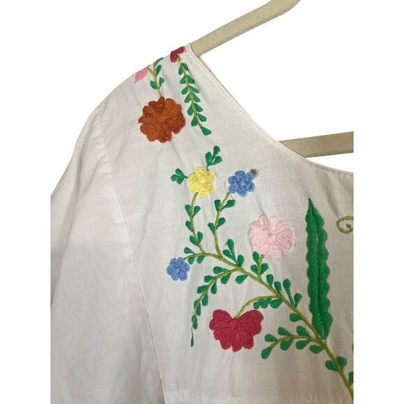 Handmade Floral Midi Dress S White Colofrul Tribal Mexican Embroidery Chic 80s - Picture 5 of 14